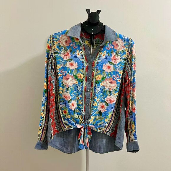 NWOT John Mark Floral Embroidered Long Roll-Tab Sleeve Shirt Tunic Blouse Top S - Picture 2 of 12